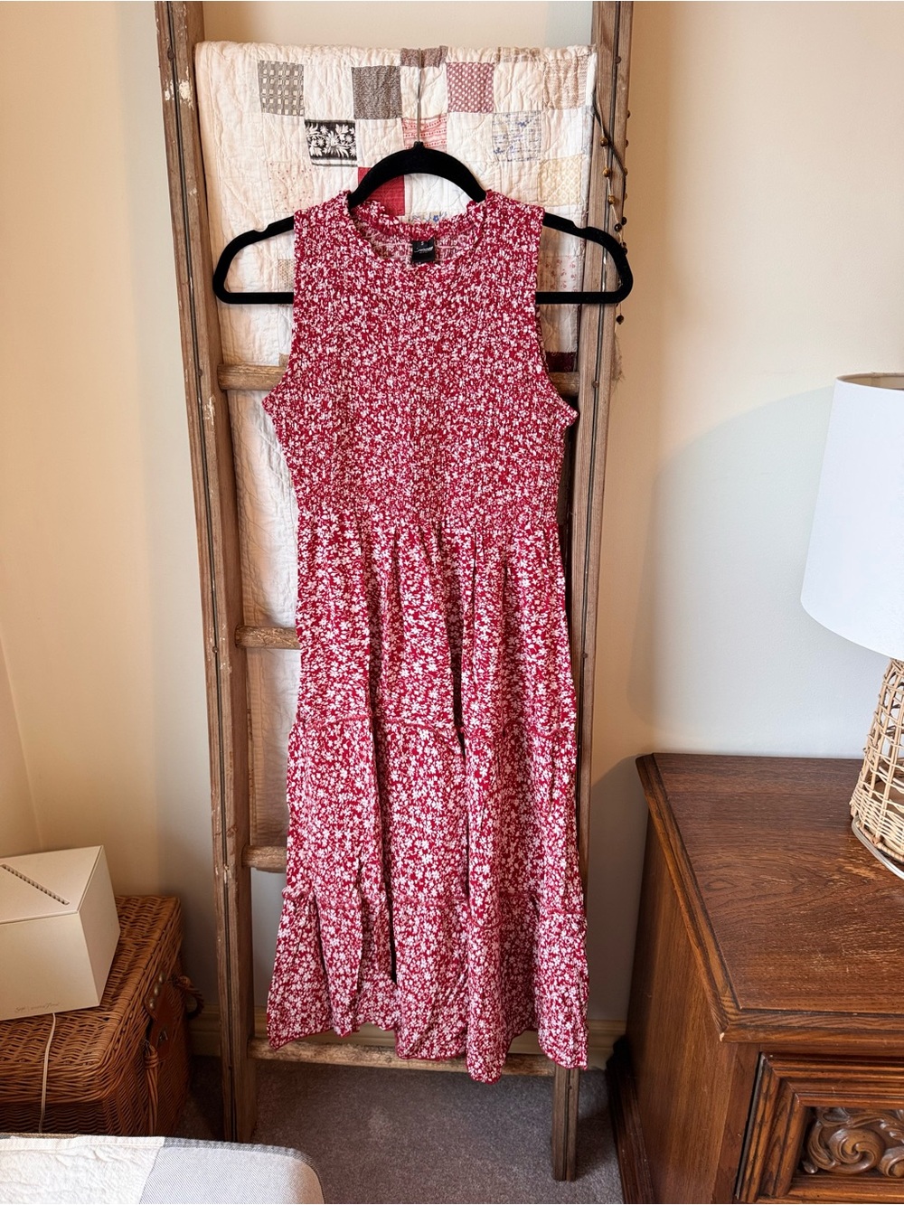 Sleeveless Red Floral Midi Dress - Casual Tiered Skirt